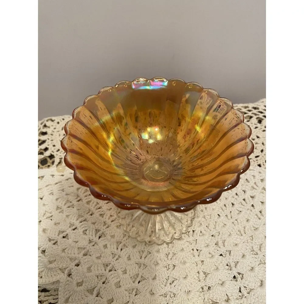 Vintage Iridescent‎ Marigold Glass Compote Footed RIBBED Scallop Edge Pattern 4